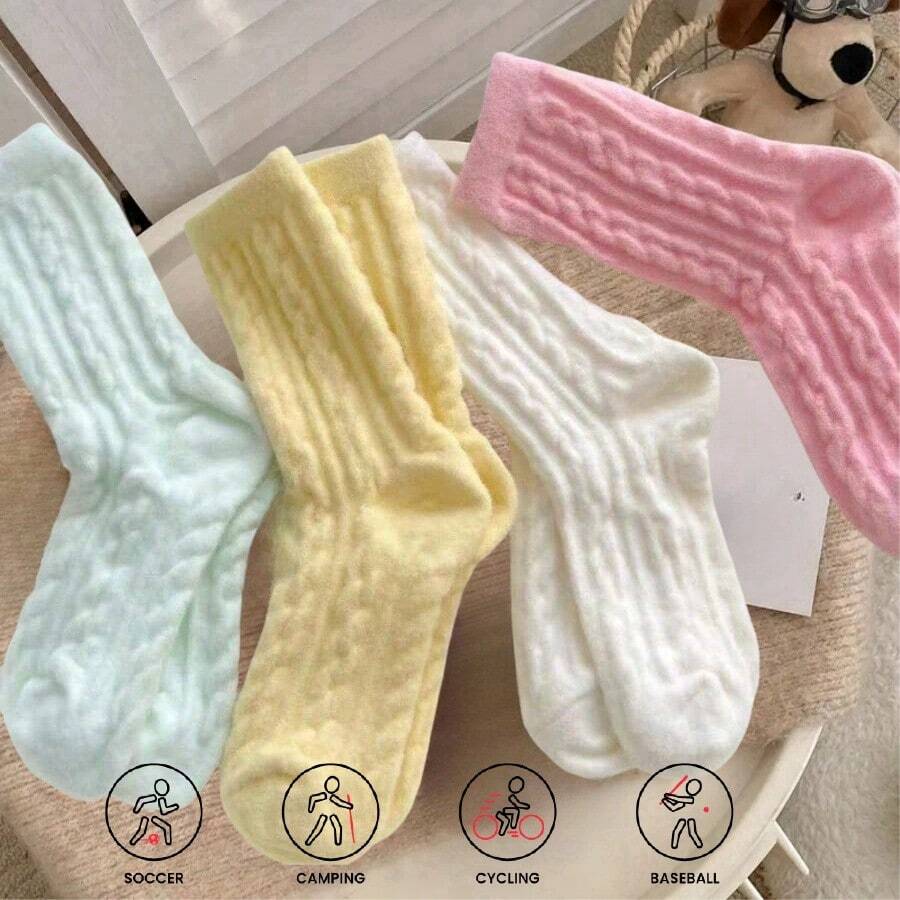 5 双女士毛绒冬季袜子，舒适针织中筒设计，柔软、温暖、有弹性，秋冬保暖袜，纯色地板袜，女士礼物 - 彩色 - 查看 1