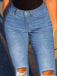 Light Blue Ripped Flare High Waisted Jeans, Casual Style - Light Wash - View 3
