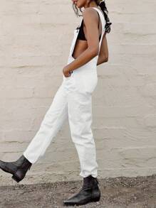 Women Denim Long Jumpsuit Casual Spaghetti Strap Wide Leg Romper Pants Summer Baggy Bib Overalls - 白色 - 查看 5