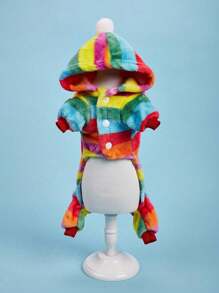 1 件多色條紋毛絨四腿寵物夾克帶球裝飾貓狗日常穿著 - 彩色 - 查看 4