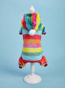 1 件多色條紋毛絨四腿寵物夾克帶球裝飾貓狗日常穿著 - 彩色 - 查看 5