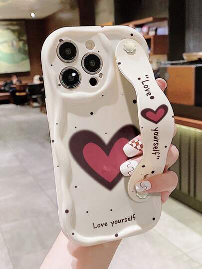 1 Pc Fashion Wristband Design Heart Print Thick Shockproof Phone Protective Case With Kickstand, Compatible With Apple & Series Waterproof Anti-Fall Scratch Resistant