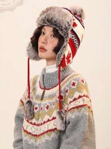 1 件冬季新款保暖内衬护耳帽，枫叶复古提花针织毛绒帽，户外骑行滑雪防风防寒毛绒帽