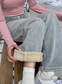 街头风直筒斜插口袋加厚牛仔保暖低腰牛仔裤，秋冬保暖裤，Y2K音乐节必备 - 淺色水洗藍 - 查看 5