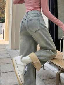 街头风直筒斜插口袋加厚牛仔保暖低腰牛仔裤，秋冬保暖裤，Y2K音乐节必备 - 淺色水洗藍 - 查看 2