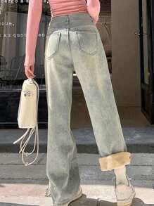 街头风直筒斜插口袋加厚牛仔保暖低腰牛仔裤，秋冬保暖裤，Y2K音乐节必备 - 淺色水洗藍 - 查看 4