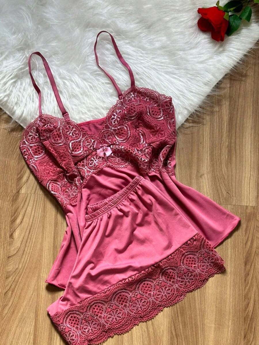 Short Doll Women's Pajama Set/ Two-Tone Lace - Redwood - View 1