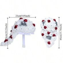 1 باقة من الورود البيضاء الأنيقة الكبيرة، مرصعة بالكريستال والأحجار الكريمة واللؤلؤ وشريط الساتان المتدلي، باقة عروس، حفل زفاف، وصيفة العروس، حفل ، عيد الحب، ترتيب زهور الرغوة الاصطناعية PE W330PE - قطر 23 سم، طول 40 سم، ارتفاع 26 سم - مشاهدة 2