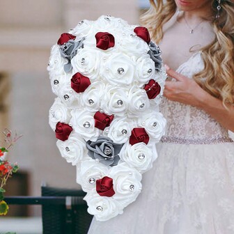 1 bouquet Bouquet de roses blanches élégantes et larges avec cristal strass, perle et ruban en satin. Fleurs artificielles éternelles en PE pour mariée, demoiselle d'honneur, mariage W330PE