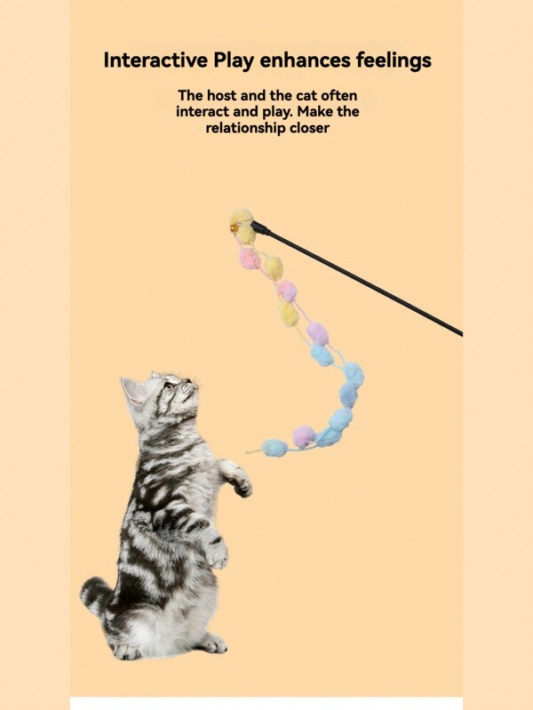 Cat Teaser Wand Toy With Bells, Pom Poms And Tassels, Cat Self-Entertaining Relaxation Toy, Pet Supplies For Cat Owner Interaction
