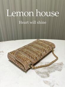 1pc Metallic Gold Glitter Rhinestone Decorated Small Clutch Bag, Envelope Style Crossbody Chain, Fashion Elegant Handbag For Evening Formal Events, Weddings, Parties, Suitable As Gift For Women, Tready Party Bags,Perfect For Party, Wedding, Prom, Dinner/Banquet, Essential Wedding Items,Perfectly Matching With Graduation Dress, Prom Dresses, Perfectly Matching With Prom Dresses For Women, Prom Accessories,Sequin Dress Women,Sparkly Dress,Elegant Dresses For Women, Elegant Prom Bag