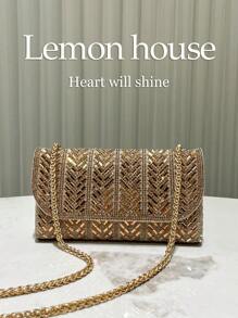 1pc Metallic Gold Glitter Rhinestone Decorated Small Clutch Bag, Envelope Style Crossbody Chain, Fashion Elegant Handbag For Evening Formal Events, Weddings, Parties, Suitable As Gift For Women, Tready Party Bags,Perfect For Party, Wedding, Prom, Dinner/Banquet, Essential Wedding Items,Perfectly Matching With Graduation Dress, Prom Dresses, Perfectly Matching With Prom Dresses For Women, Prom Accessories,Sequin Dress Women,Sparkly Dress,Elegant Dresses For Women, Elegant Prom Bag