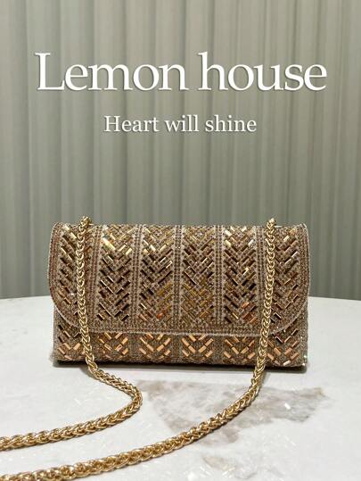 1 pieza Bolso de embrague pequeño decorado con purpurina metálica dorada y rhinestones, estilo sobre con cadena cruzada, bolso de mano elegante y de moda para eventos formales de noche, bodas, fiestas, adecuado como regalo para mujeres, bolsos de fiesta, perfectos para fiestas, bodas, bailes de graduación, cenas/banquetes, artículos esenciales para bodas, que combinan perfectamente con vestidos de graduación, vestidos de fiesta, vestidos de lentejuelas para mujeres, vestidos brillantes, vestidos elegantes para mujeres