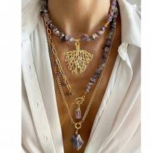 亚马逊石天然石彩色蝴蝶石英吊坠项链天然石紫水晶项链奢华女式水晶颈链女式莱茵石