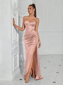 ADYCE Váy dự tiệc hở lưng cổ chữ V xẻ tà phía trước, váy dạ hội trang trọng thanh lịch, dành cho khách dự tiệc cưới, tốt nghiệp, tiệc tối - Màu Hồng baby - Xem 3