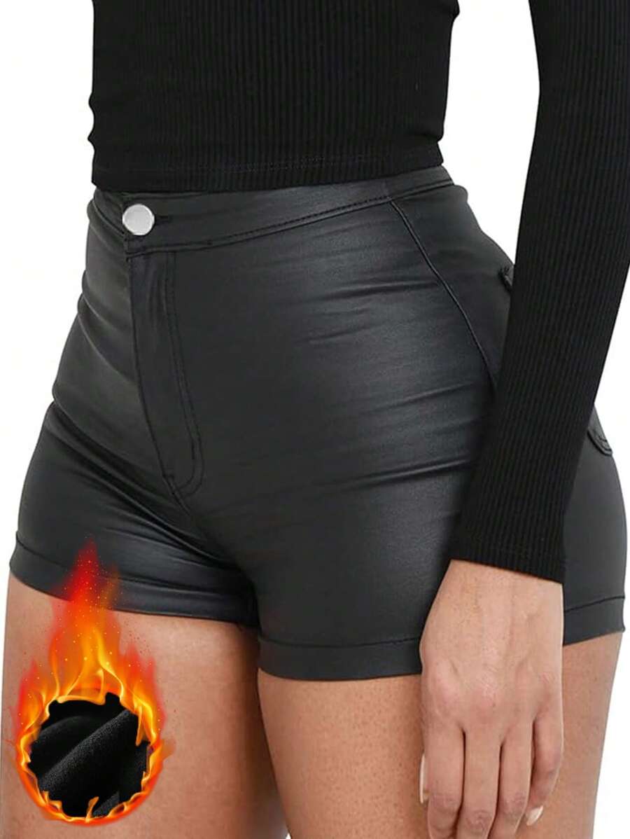 女士休闲毛绒纯色性感涂层短裤，适合秋冬度假穿着，黑色 - 黑色 - 查看 1