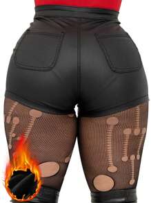 女士休闲毛绒纯色性感涂层短裤，适合秋冬度假穿着，黑色 - 黑色 - 查看 2