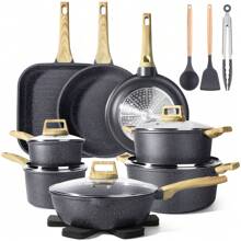 GiPP GiPP Lot de 21 casseroles et poêles avec revêtement antiadhésif en granit, sans PFOA/PFOS, poêle/wok/poêle à griller/poêle à omelette/marmite/faitout, set de casseroles pour gaz à induction, gris