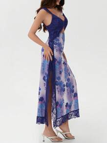 Women's Y2K Summer Bodycon Maxi Dress Floral Print Lace Patchwork Long Dress Sleeveless Backless V Neck Party Dress Beach Vacation Sundress - 藍色 - 查看 4