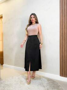 Monochromatic Long Tailored Skirt With Side Pockets And Zipper And Button Details/M5507 - màu đen - Xem 3