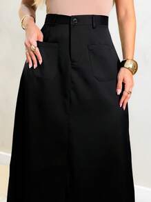 Monochromatic Long Tailored Skirt With Side Pockets And Zipper And Button Details/M5507 - màu đen - Xem 4