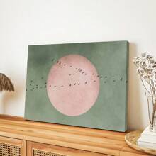 1PC, Canvas Hanging Poster, Solid Wood 30*40 Framed Painting, Light Blue Japandi Canvas Wall Art Print, Flying Bird Frame Art, Minimalist Landscape Artwork, Large Living Room Decor, Pink Moon Decor