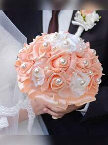 优雅橙色玫瑰和珍珠缎带新娘花束，假 PE 泡沫玫瑰婚礼伴娘花束永生花 W928B - 直徑20cm 高25cm - 查看 13