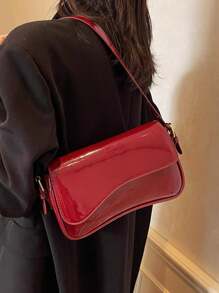 勃艮第包 极简纯色 女士单肩包 翻盖单肩包 法棍包 手提包 腋下包，方形包 一体式 PU 皮革纹理包，漆皮 鳄鱼纹 PU 皮革材质 时尚百搭 优雅性感 适合手提、单肩 工作、商务、通勤、户外、旅行 包包尺寸 27*15*6*，时尚勃艮第包 - 酒紅色 - 查看 4