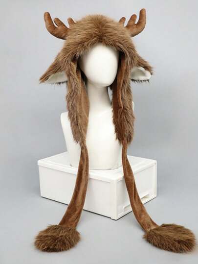 1 st unisex tecknad texturerad fleece söt julren öronmuff halsduk med hatt, tjock varm mjuk plysch, vintertillbehör