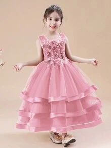 Vestido de princesa sin mangas hecho a mano con cuentas para niñas, vestido de gala formal con parches de satén y encaje, vestido de noche para bodas y actuaciones - Rosa - Ver 4
