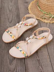 WRCVS Sandalias planas ligeras grises para mujer, zapatos planos casuales, pantuflas de suela blanda para la playa, con patrón retro tejido floral aleatorio, para atuendos de verano - Beis - Ver 7