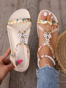 WRCVS Sandalias planas ligeras grises para mujer, zapatos planos casuales, pantuflas de suela blanda para la playa, con patrón retro tejido floral aleatorio, para atuendos de verano - Beis - Ver 3
