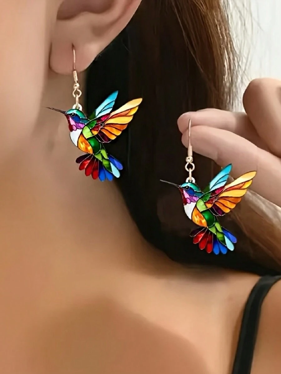 1 Pair Colorful Cartoon Hummingbird Acrylic Fashion Earrings, Gift Jewelry