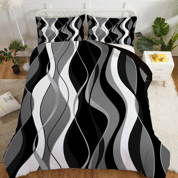 Juego de 3 piezas de funda nórdica, Juego de ropa de cama con estampado de líneas en blanco y negro, Funda nórdica suave, cómoda y transpirable, para dormitorio, habitación de invitados (1*Funda nórdica + 2*Fundas de almohada, sin relleno)
