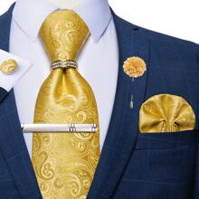 6 件/套男士领带条纹蓝色花卉领带手帕方形环夹胸花婚礼时尚（随机戒指）