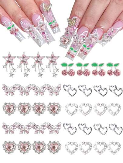 40pcs 3D Cherry Nail Art Decorations, Cherry Nail Rhinestones, Shiny Gem Nail Studs, Cute Fruit Nail Diamonds & Crystals, Suitable For Nail Art, Facial Makeup, Women DIY