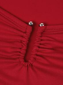 Red Color Square Neck Sexy V-Shaped Decorative Button Long Sleeve Waist Ruched Ruffle Elegant Dress,Fashionable,Romantic,Wedding Dating Evening Party Dress,New Women's Clothing - Red - View 7