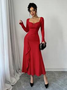 Red Color Square Neck Sexy V-Shaped Decorative Button Long Sleeve Waist Ruched Ruffle Elegant Dress,Fashionable,Romantic,Wedding Dating Evening Party Dress,New Women's Clothing - Red - View 6