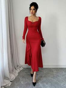 Red Color Square Neck Sexy V-Shaped Decorative Button Long Sleeve Waist Ruched Ruffle Elegant Dress,Fashionable,Romantic,Wedding Dating Evening Party Dress,New Women's Clothing - Red - View 2