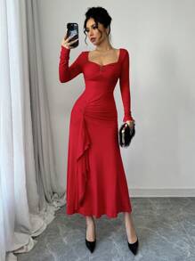 Red Color Square Neck Sexy V-Shaped Decorative Button Long Sleeve Waist Ruched Ruffle Elegant Dress,Fashionable,Romantic,Wedding Dating Evening Party Dress,New Women's Clothing - Red - View 1