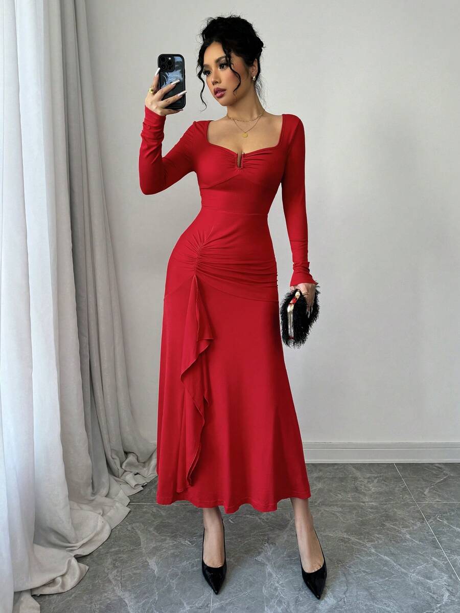 Red Color Square Neck Sexy V-Shaped Decorative Button Long Sleeve Waist Ruched Ruffle Elegant Dress,Fashionable,Romantic,Wedding Dating Evening Party Dress,New Women's Clothing - Red - View 1