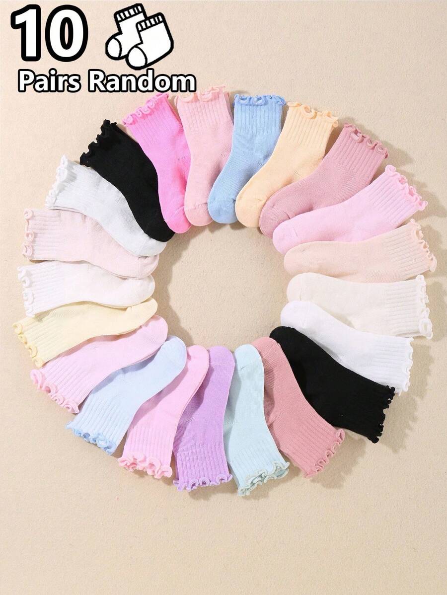 10 Pairs Random Baby Girls Socks Toddlers Ruffle Socks Girl's Frilly Dress Socks Baby Summer Mesh Socks Solid Crew Socks - Multicolor - View 1