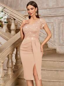 MIUSOL Elegant Sequin Lace Puff Sleeve Ruched Split Thigh Cocktail Party Bodycon Dress, Wedding Guest Dress