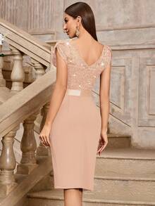 MIUSOL Elegant Sequin Lace Puff Sleeve Ruched Split Thigh Cocktail Party Bodycon Dress, Wedding Guest Dress