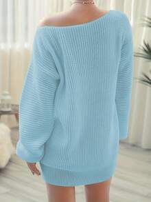 Korean Style Cold-Shoulder Solid Color Casual Loose Knit Sweater Dress - Baby Blue - View 3