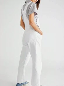 Women Denim Long Jumpsuit Casual Spaghetti Strap Wide Leg Romper Pants Summer Baggy Bib Overalls - 白色 - 查看 4