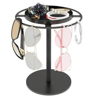 Metal Sunglasses Organizer With Storage Tray, Stylish Glasses Holder Stand Featuring Anti-Slip Pads For Tabletop, Desk, Or Dresser, Elegant Matte Black Design, Ideal For Gender Reveal Parties, Birthdays, Weddings, And Celebrations, Perfect Gift For Colleagues, Friends, And Family, Essential Back To School Accessory, Enhance Your Home Decor And Keep Your Eyewear Organized For The Holiday Season And Beyond