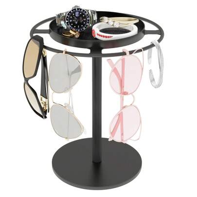 Organizador de gafas de sol de metal, soporte para anteojos con bandeja de almacenamiento, soporte para anteojos con almohadillas antideslizantes para mesa, escritorio, cómoda, en color negro mate. Perfecto para fiestas de revelación de género, cumpleaños, bodas, fiestas. El regalo perfecto para colegas, amigos y familiares, de vuelta a la escuela.