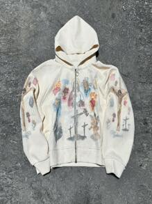 Sudadera con capucha con cremallera y estampado de cruz y Jesús para hombre, casual, para primavera/otoño - Albaricoque - Ver 1