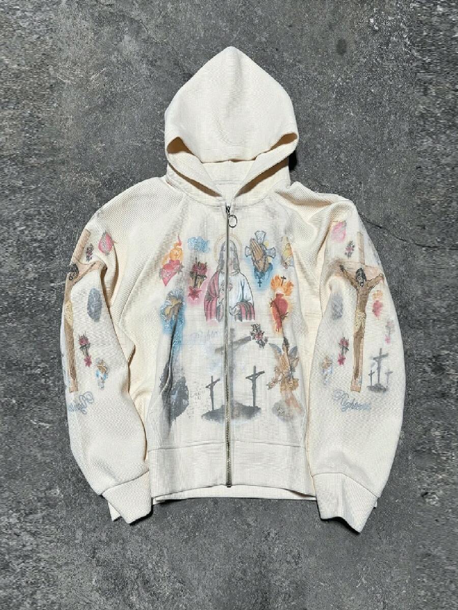 Sudadera con capucha con cremallera y estampado de cruz y Jesús para hombre, casual, para primavera/otoño - Albaricoque - Ver 1